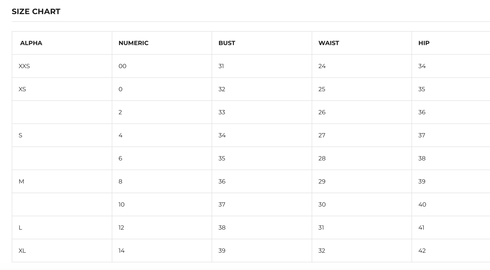 Wayf (Where are you from) Size Chart