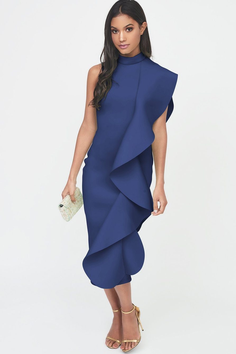 LAVISH ALICE Blue Scuba Frill Midi Dress
